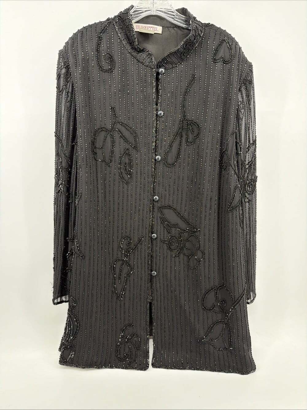 Vintage Silhouettes 18W Pure Silk Black Long Jacket Tulips Beads & Sequins Sheer